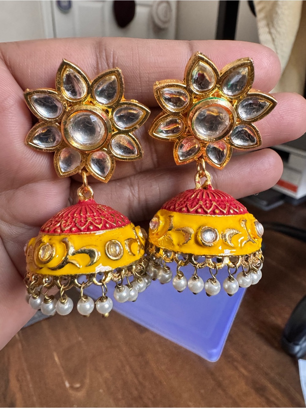 Unbranded Yellow & Red Kundan Jhumka Earrings with Pearl Drops